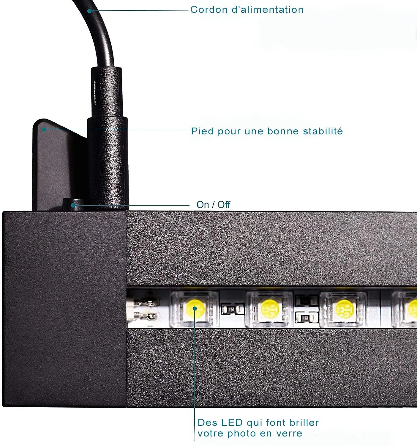 Support lumineux LED pour photo gravée en verre, avec cordon et interrupteur On/Off.