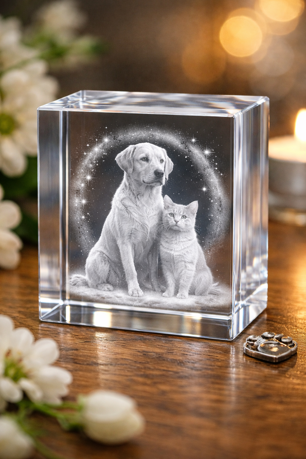 🐾 Un Hommage Lumineux : Le Bloc de Verre Gravé en 3D pour Honorer un Animal Disparu 🌈 - Cadeaux en verre