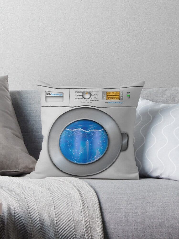 coussin avec une impressions photo, représentant le hublot d'un lave linge
