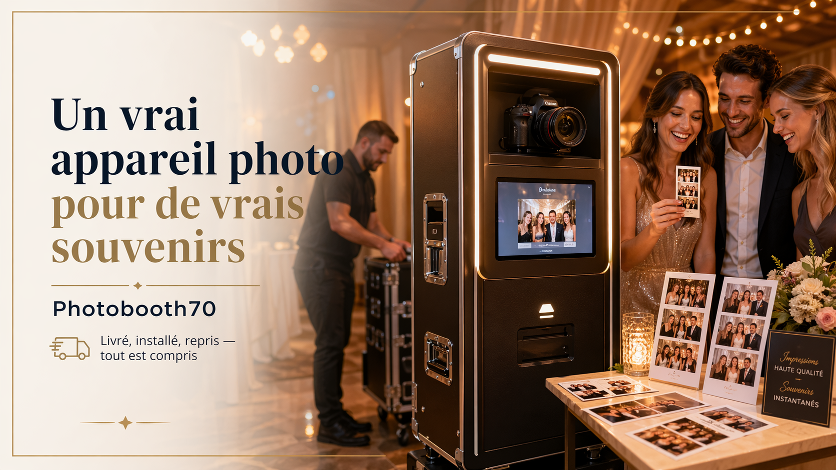 Photobooth70 avec véritable appareil photo reflex, livré, installé et repris pour des photos souvenirs de qualité lors d’un événement.