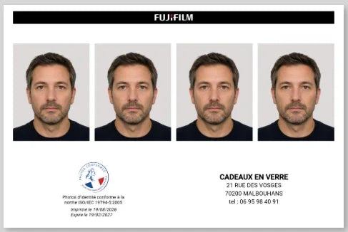 Feuille de quatre photos d'identité conformes aux normes ISO pour documents officiels.
