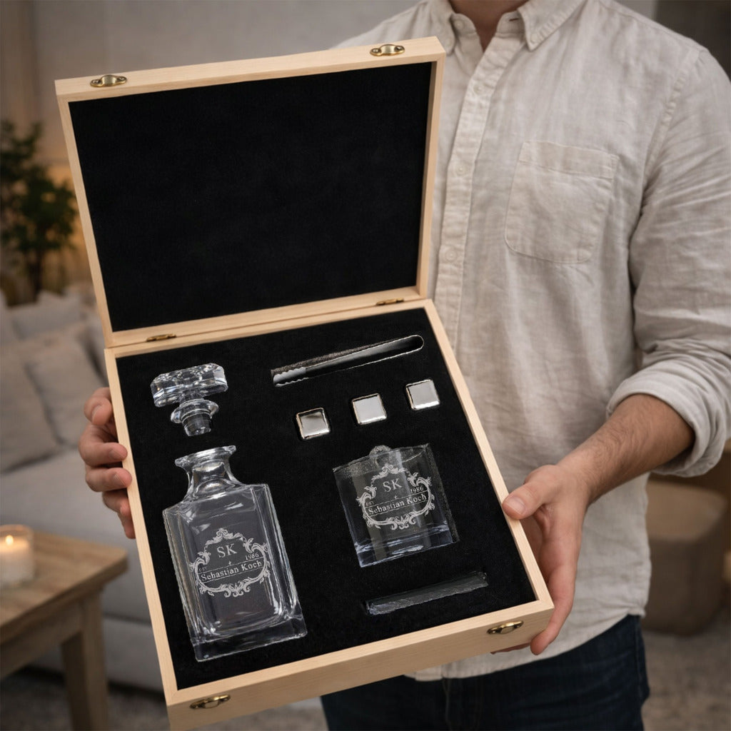Coffret whisky personnalisé – Carafe 700 ml + verre 300 ml – 2 motifs