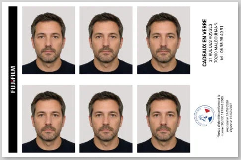 Planche de six photos d'identité d'un homme sur fond blanc, format papier Fujifilm.