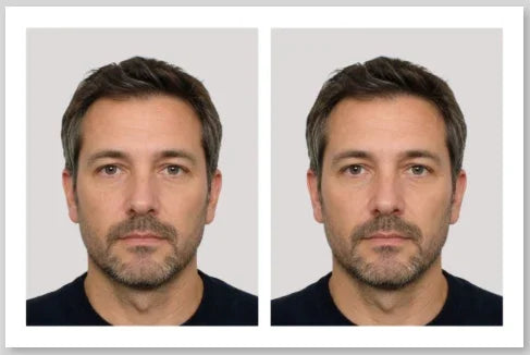 Deux portraits identiques d'un homme avec barbe courte sur fond gris clair.