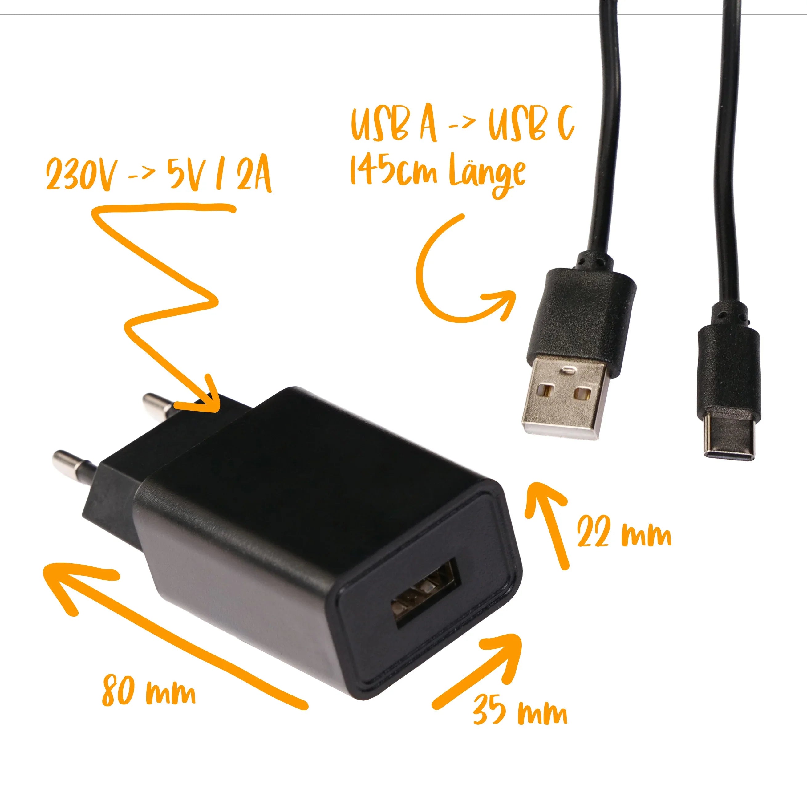 Chargeur USB avec câble USB A vers USB C, 230V à 5V 1.2A, pour cadeaux personnalisés