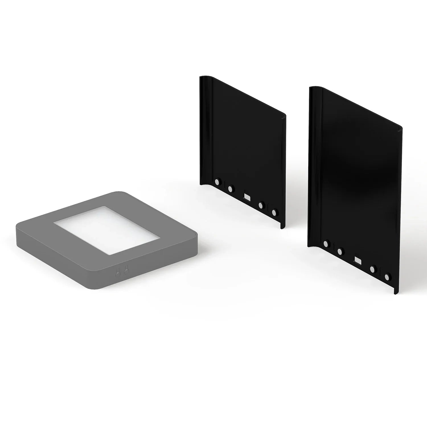 Socle et plaques noires pour support de photo gravée en verre, vue de dos.