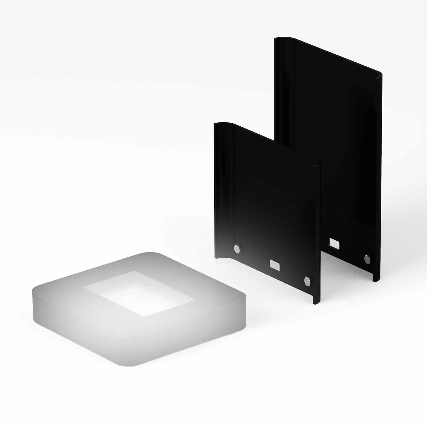 Supports noirs pour cadre photo en verre avec socle éclairé, fond blanc, accessoires cadeaux personnalisés
