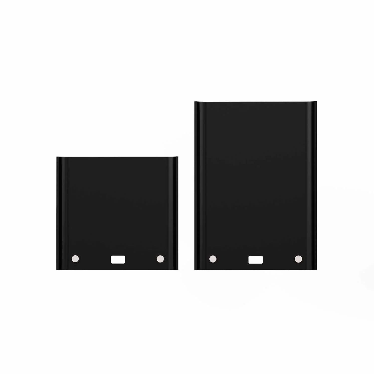 Deux supports noirs pour cadre photo en verre, vues arrière, sur fond blanc.