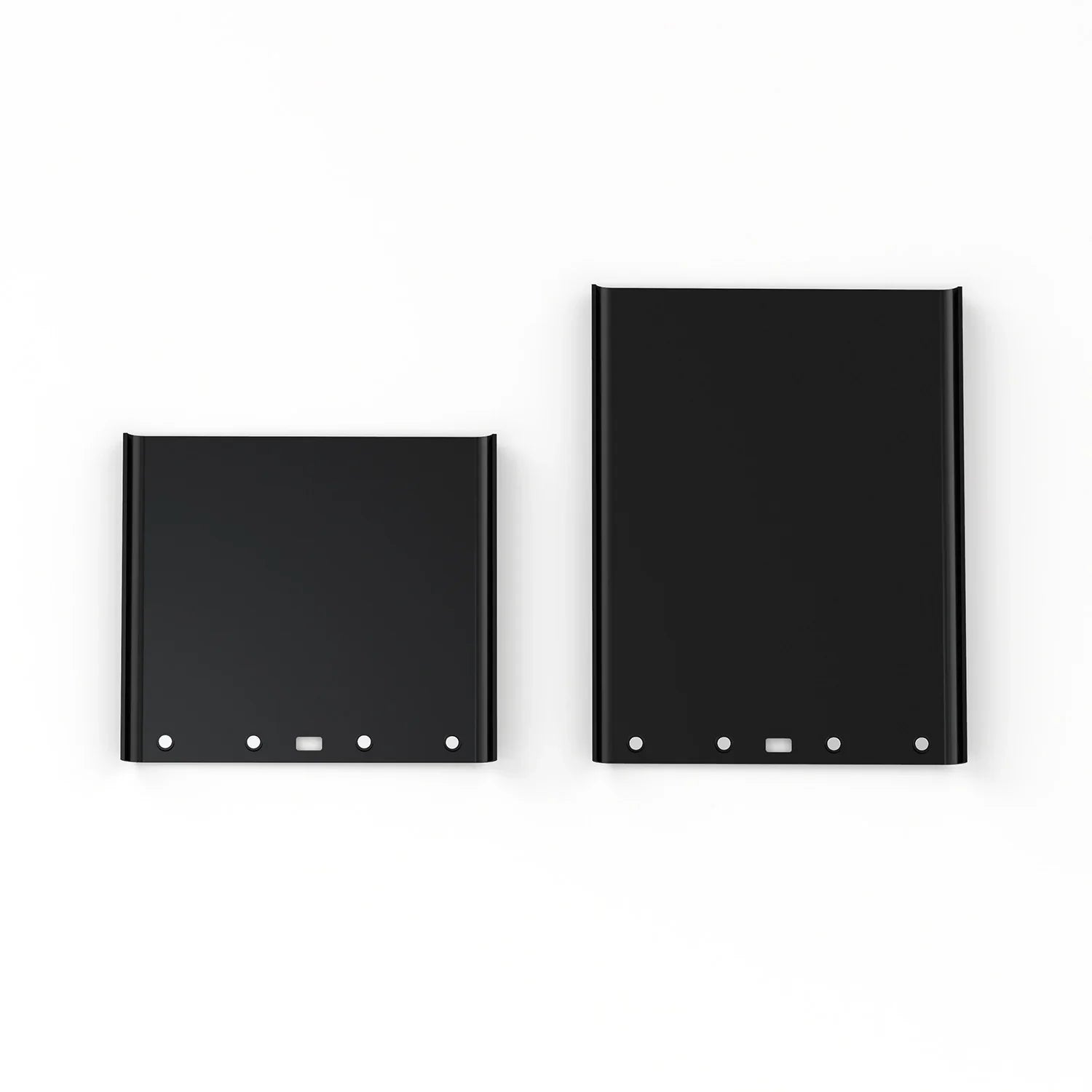 Deux supports noirs pour cadre photo en verre, formats carré et rectangulaire, sur fond blanc.
