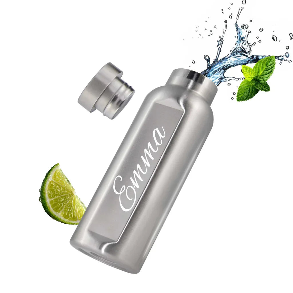 Gourde inox personnalisée gravée avec prénom, décor lime et menthe, cadeau original