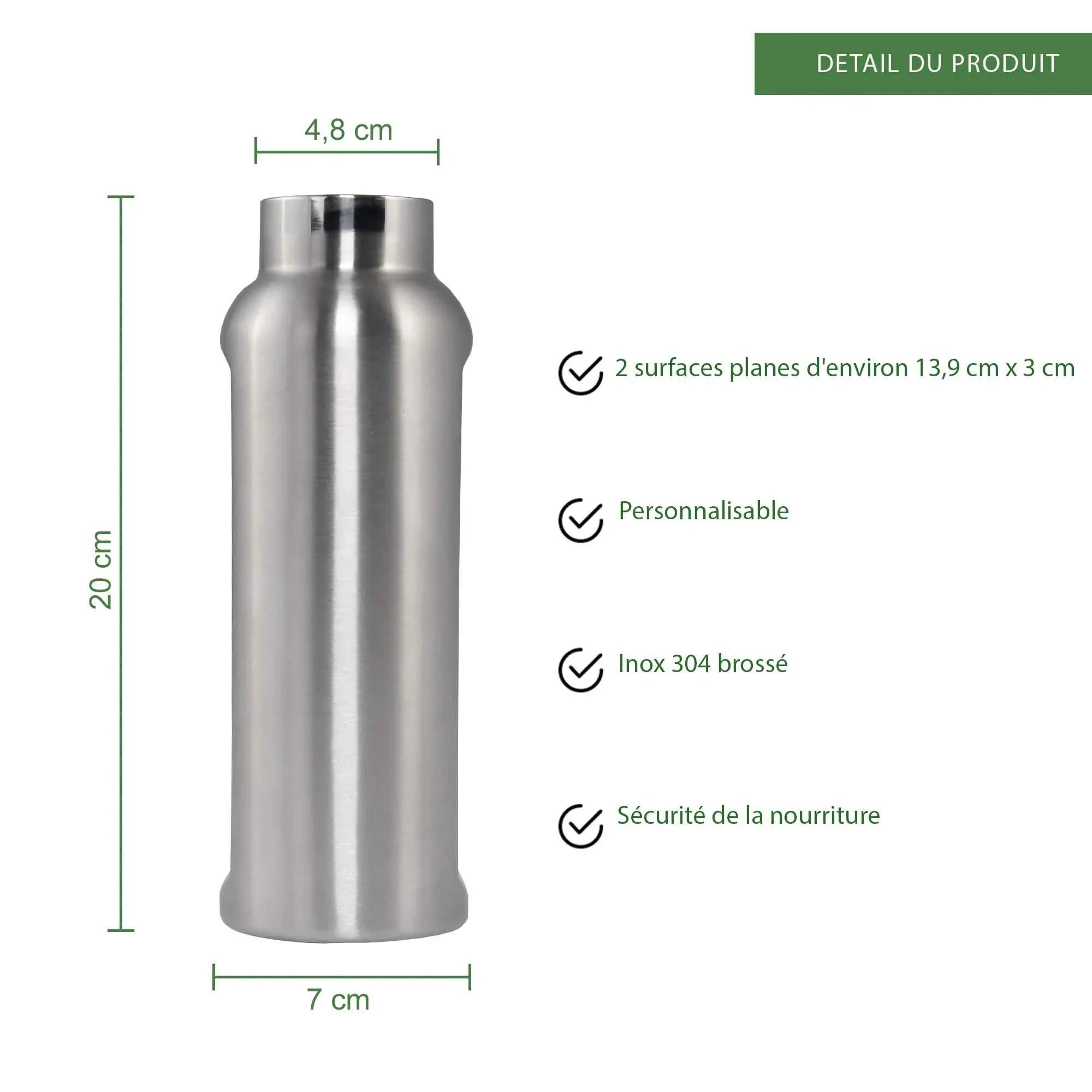 Gourde inox 470 ml personnalisable, brossée, dimensions et caractéristiques en français