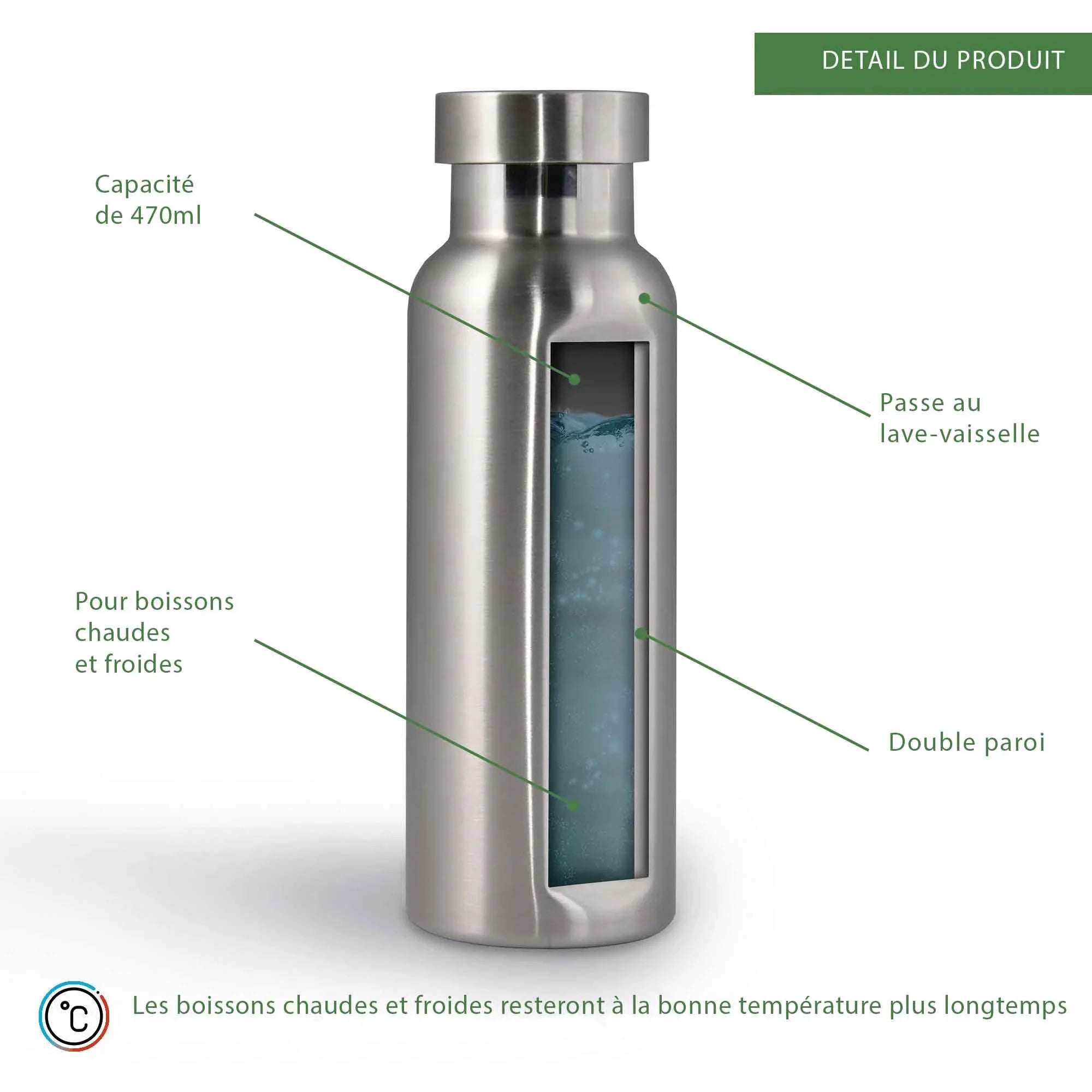Gourde inox 470ml double paroi, fenêtre transparente, compatible lave-vaisselle, boissons chaudes et froides.