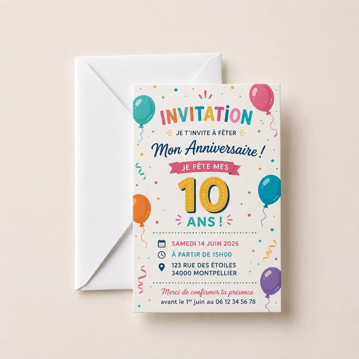 Carte d'invitation d'anniversaire colorée pour 10 ans avec ballons et confettis
