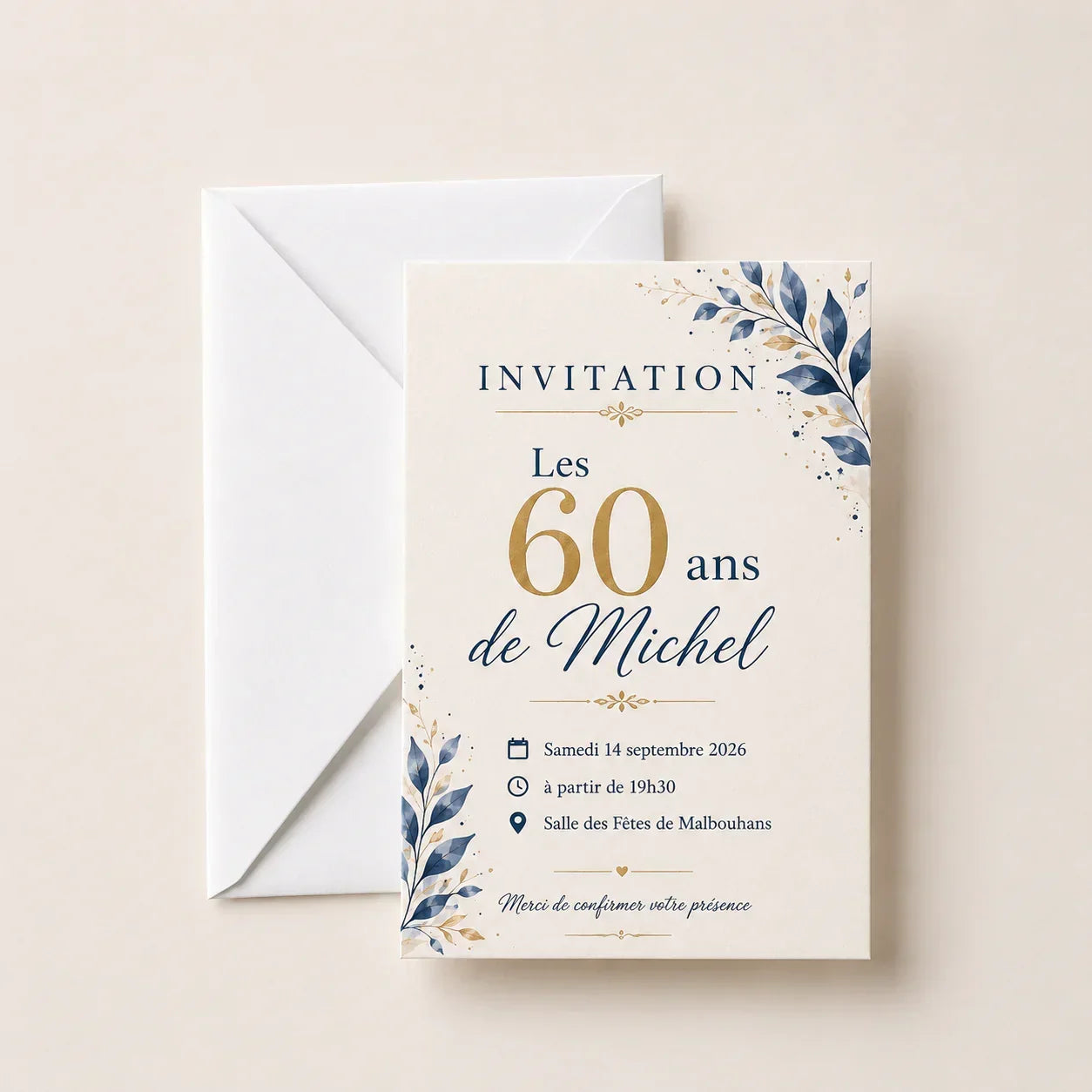 Invitation élégante pour les 60 ans de Michel, design feuilles bleues et dorées