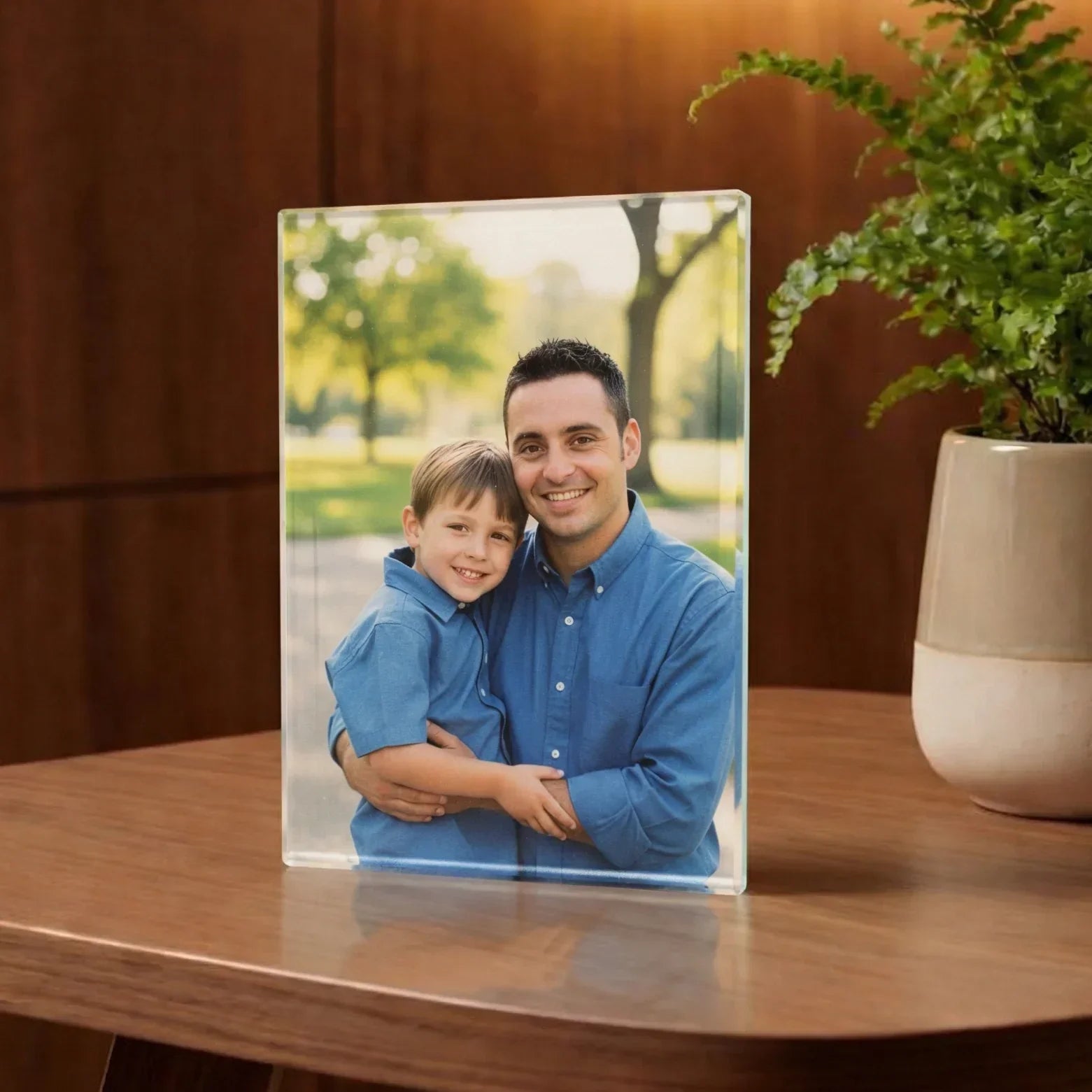 Photo personnalisée imprimée dans un bloc de verre, cadeau unique sur une table en bois