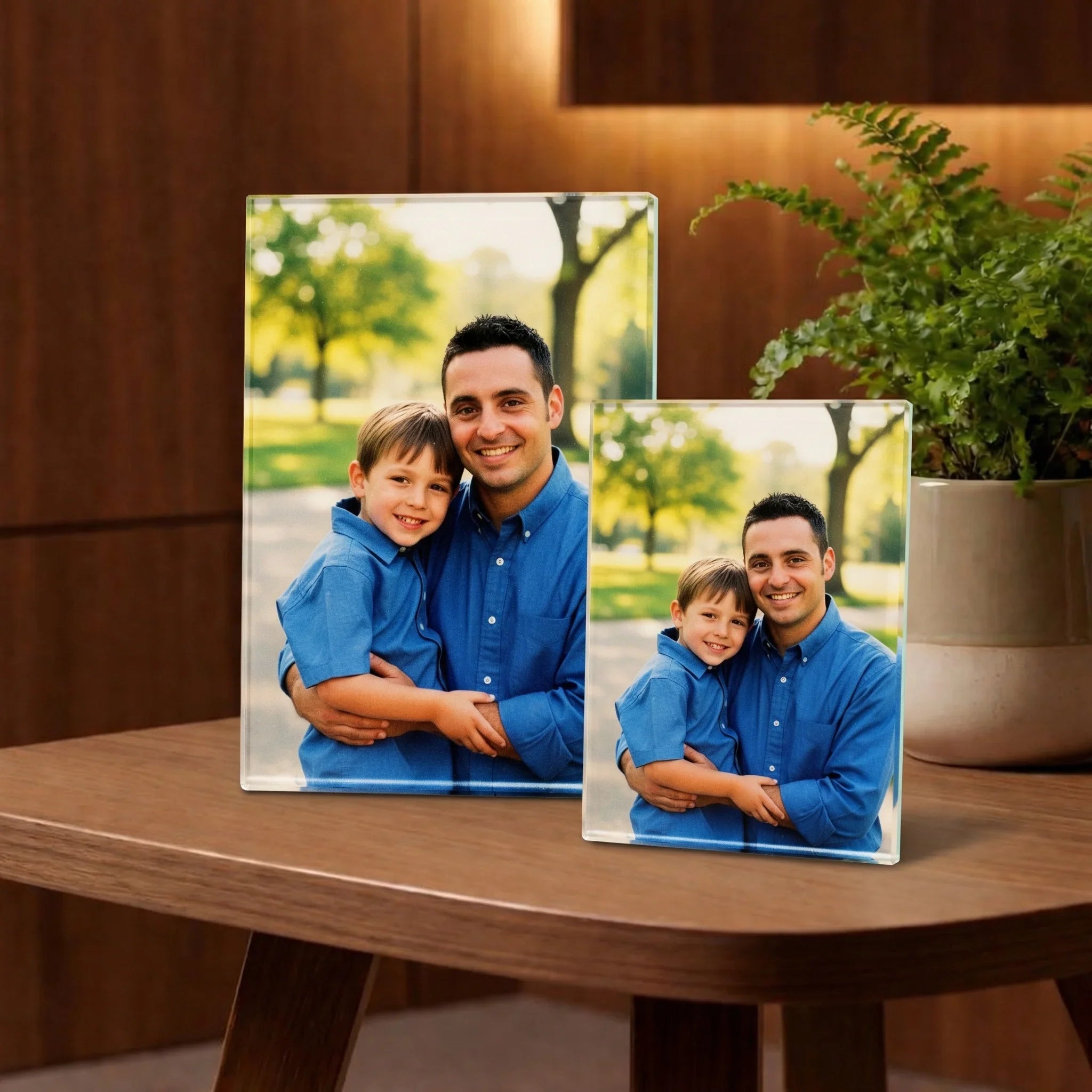 Photo gravée sur verre personnalisée représentant un père et son fils, posée sur une table