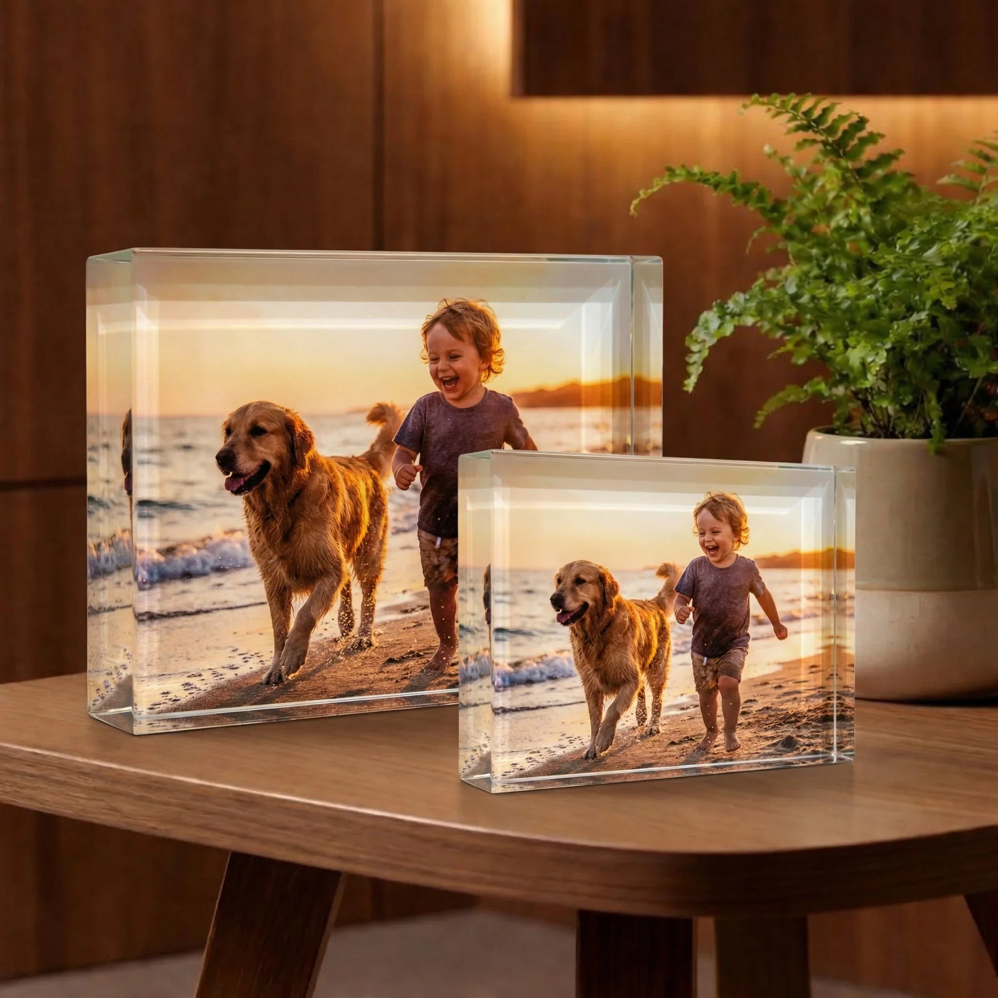 Photo gravée dans le verre, enfant et chien courant sur la plage au coucher du soleil, cadeau personnalisé