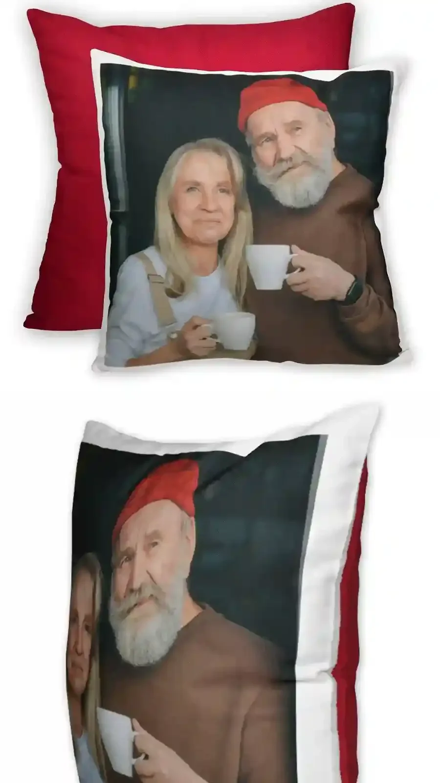 Coussin personnalisé avec photo de couple âgé, fond rouge, idée cadeau déco textile.