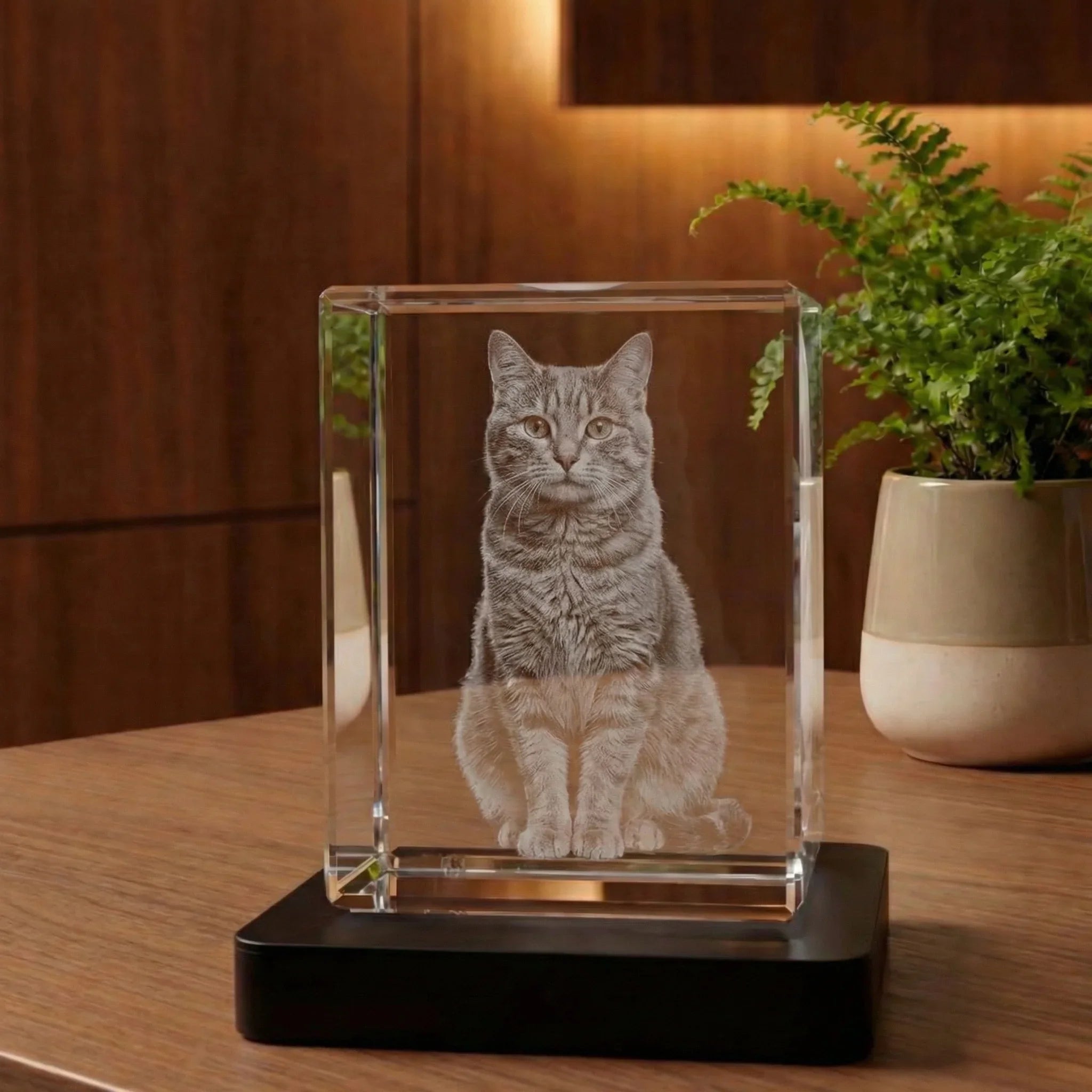 Portrait d'un chat gravé dans un prisme de verre personnalisé, posé sur une table en bois