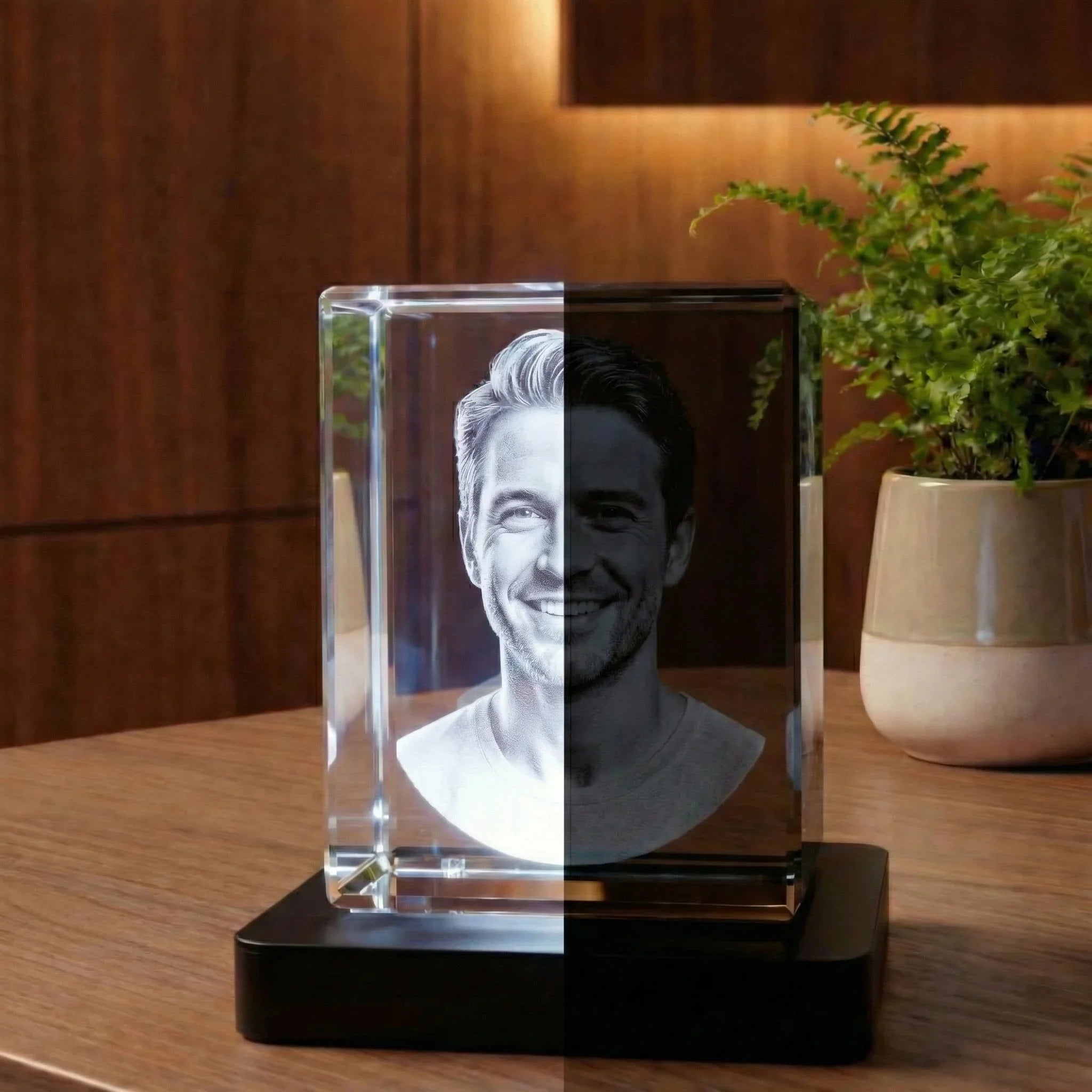 Portrait 3D gravé dans un prisme en verre, avec et sans lumière sur socle, cadeau personnalisé