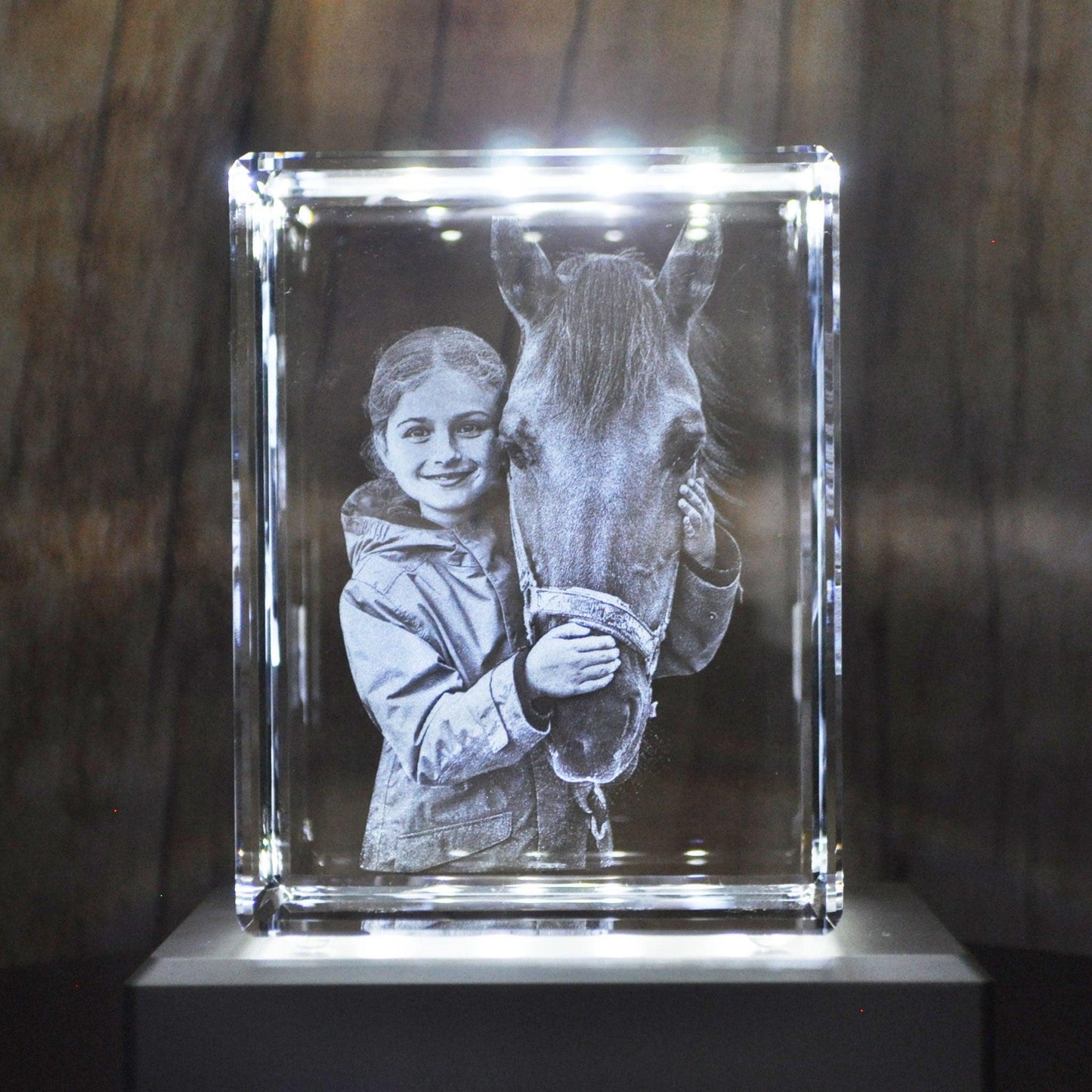 Bloc de Verre taille XL Portrait - Gravure 3D d'une enfant avec son cheval.