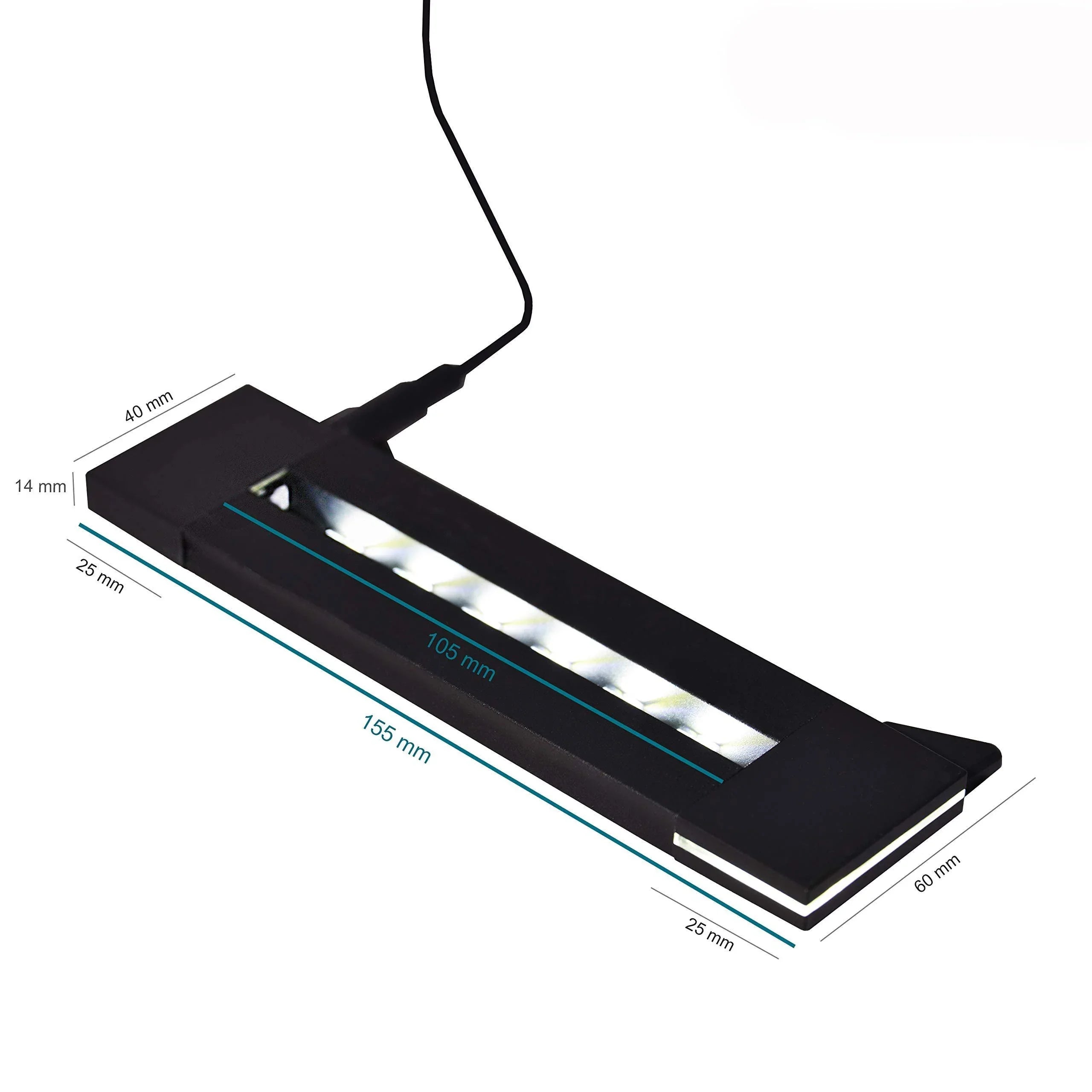 Socle lumineux LED rectangulaire noir pour photo gravée en verre, dimensions indiquées
