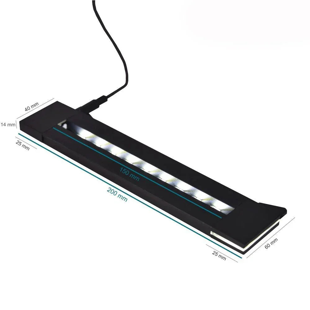 Socle lumineux LED rectangulaire noir pour cadeaux en verre, dimensions indiquées.