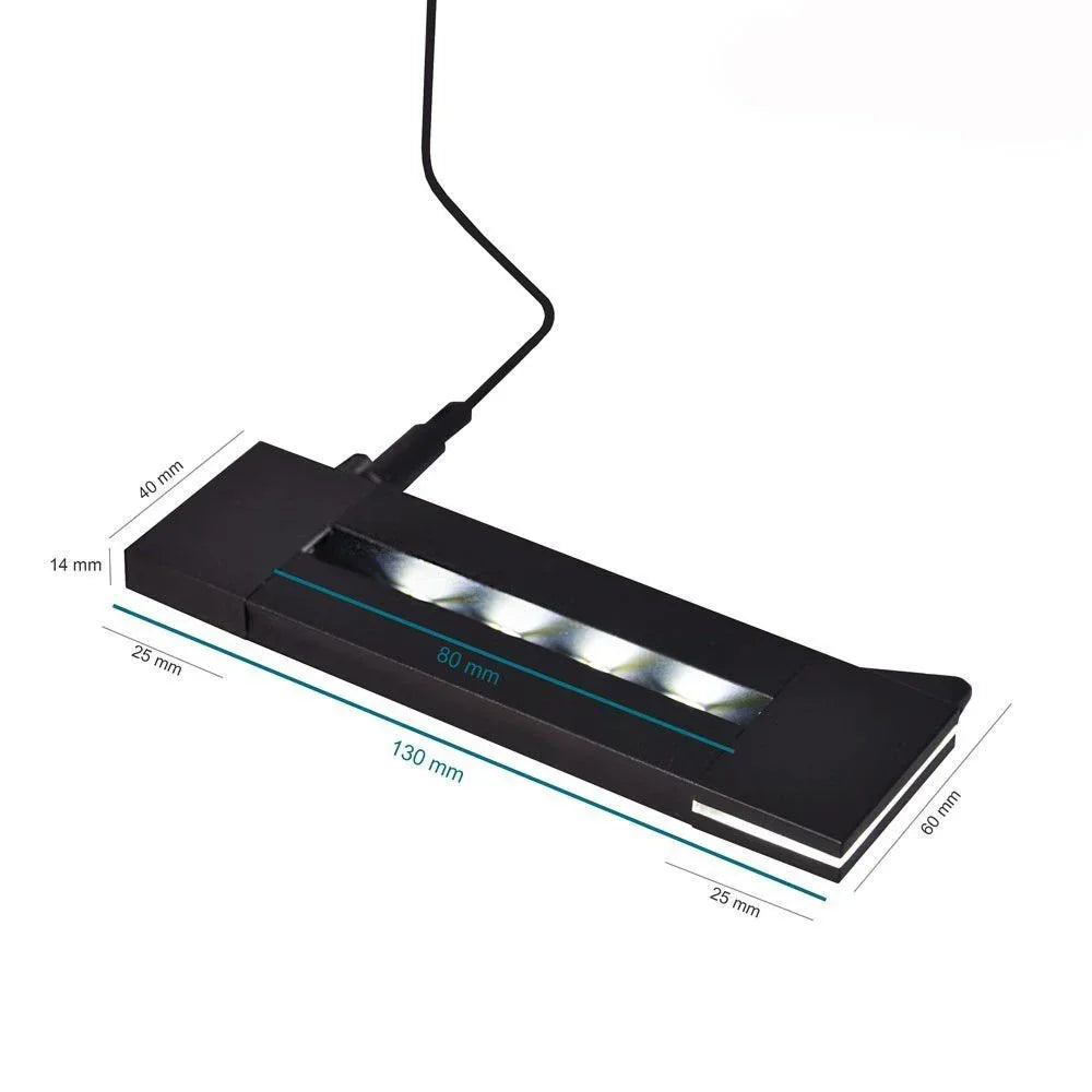Socle lumineux LED noir rectangulaire pour photo gravée en verre, dimensions indiquées.